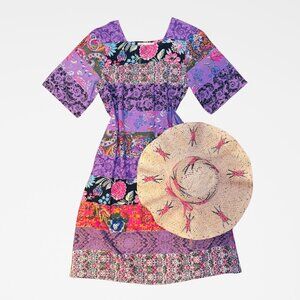 LA CERA 100% Cotton Patchwork Dress - Floral Purple Multicolor Dress in Medium